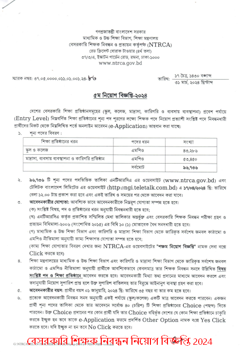 বেসরকারি শিক্ষক নিবন্ধন নিয়োগ বিজ্ঞপ্তি 2024